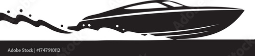 Speed Boat Silhouettes Cutting Through Water Side View Wake Line Black and White