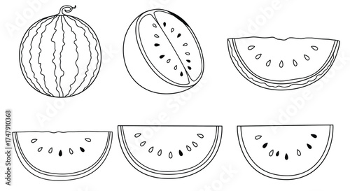 Simple black and white illustration of a whole and sliced watermelon