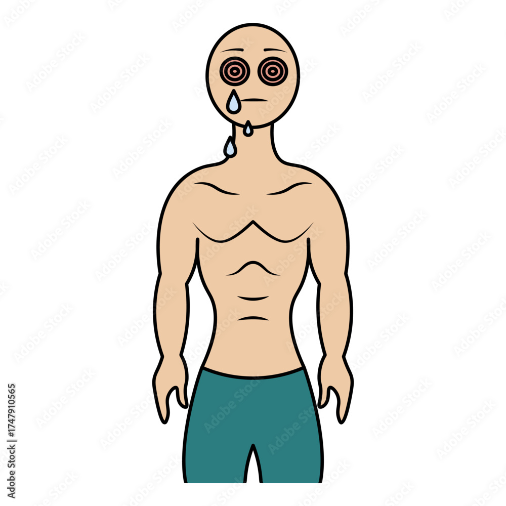 Fototapeta premium The patient has conjunctivitis. The eyes are red and sore. Color vector illustration. The patient's eyes are watery, tears are dripping. Muscular torso. Isolated on white background. Cartoon.