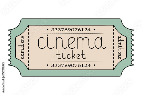 Cinema. Green ticket admit one. Handwritten lettering in lowercase letters. Color vector illustration. Tear-off ticket with number. Isolated on white background. Cartoon. Idea for web design.