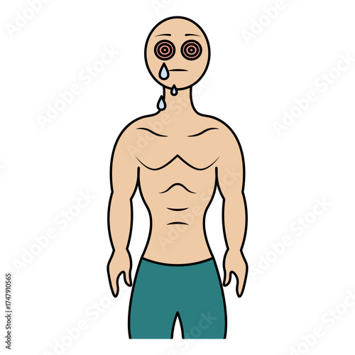The patient has conjunctivitis. The eyes are red and sore. Color vector illustration. The patient's eyes are watery, tears are dripping. Muscular torso. Isolated on white background. Cartoon.
