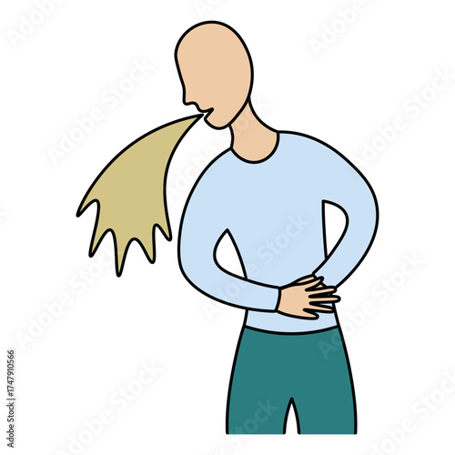 A patient is nauseous. The man is unwell and vomiting. Color vector illustration. The patient has indigestion and is holding his stomach. Isolated on white background. Cartoon. Medical theme. 