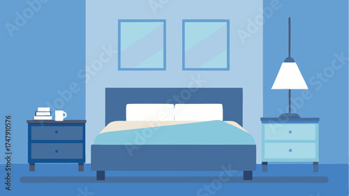 A tranquil bedroom interior with a platform bed adorned with soft linens a bedside table holding a contemporary lamp and a monochromatic color scheme.