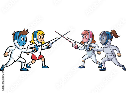 Children Fencing in Competitive Matches, Sport Illustration, Active Play, Gender Diversity, White Uniforms, Swordplay, Youth Athletics, Dynamic Motion