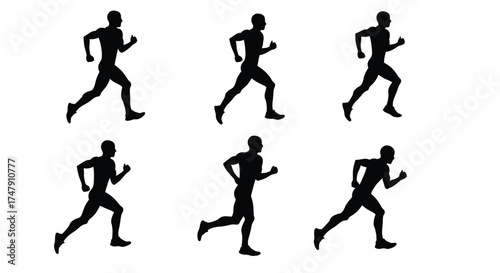 Silhouettes of running people in various stages of motion depicted