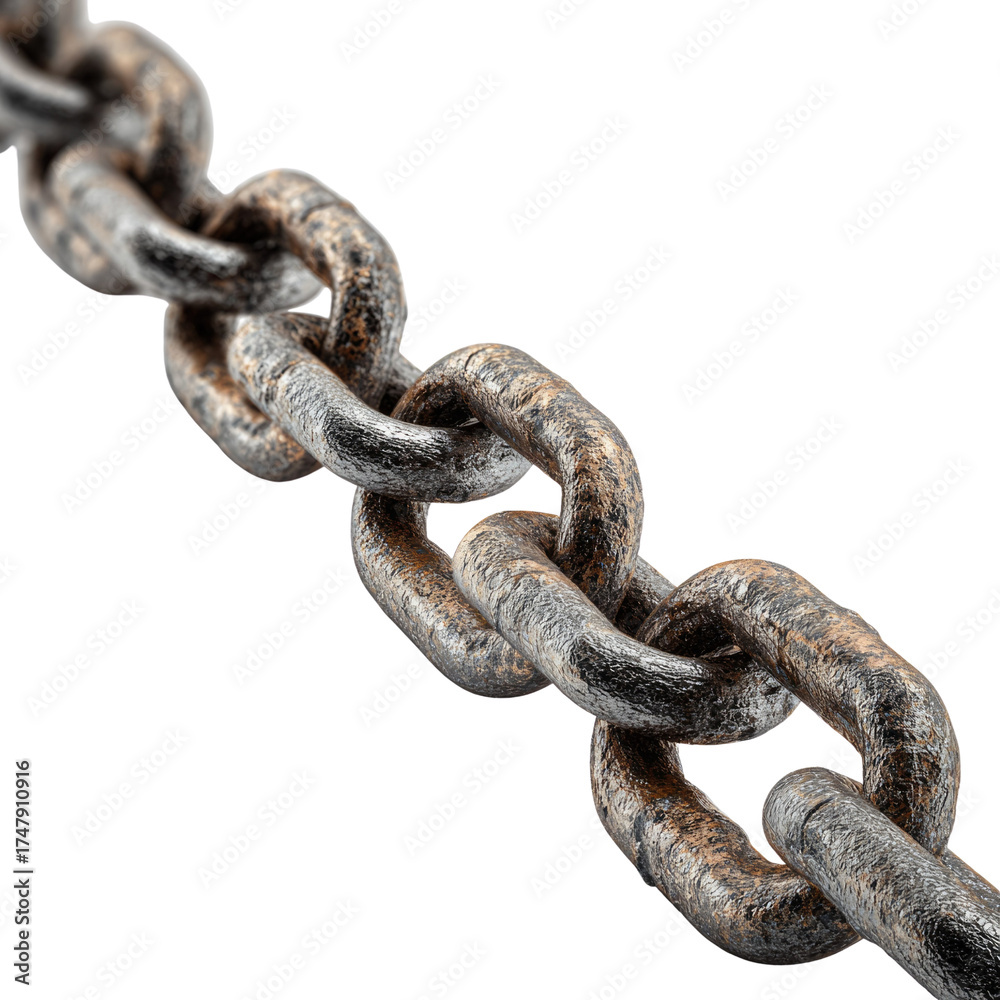 Fototapeta premium A segment of a rusty, weathered metal chain, rendered with significant texture and detail, isolated on a solid transparent background. background removed