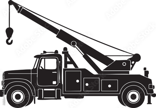 Tow Truck Silhouettes Boom Hook Extended Side View Black and White