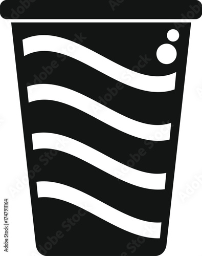 Simple black disposable paper cup icon with wavy lines and bubbles, isolated on white background