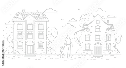 Line art illustration of quaint houses a family and cloudy skies