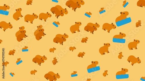 Many cartoon capybaras and some blue containers on a tan background pattern, perfect for cute animalthemed designs and social media posts.