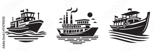 Modern Minimalist Ferry Icon, Flat Silhouette of a Passenger Boat Vector for Transportation Illustration Design