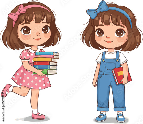Cartoon girl in pink dress and blue overalls holding books, cute character design, reading theme, children’s media, school, learning