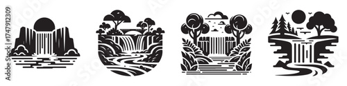 Modern Minimalist River Waterfall Icon, Flat Silhouette of a Flowing Stream Vector for Nature Illustration Design