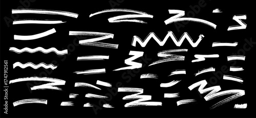Graffiti brush stroke vector set. White crayon wave and zig zag lines mixed with ink, paintbrush and charcoal. A collage collection of comic drawing elements Ideal for street graffity collage