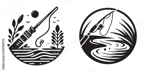 Modern Minimalist River Pole Icon, Flat Silhouette of a Fishing Rod Vector for Outdoor Illustration Design