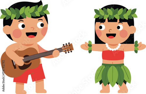 Cartoon Hawaiian boy playing guitar and girl dancing hula in traditional costume, tropical island kids vector illustration on white background.