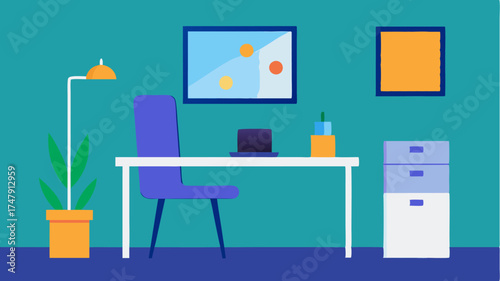 A minimalist home office featuring a sleek desk a chair and a wall with a simple calendar and a vibrant piece of art.