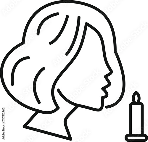 Line drawing of a woman blowing out a candle, representing concepts like making a wish, celebrating a birthday, or commemorating a loss