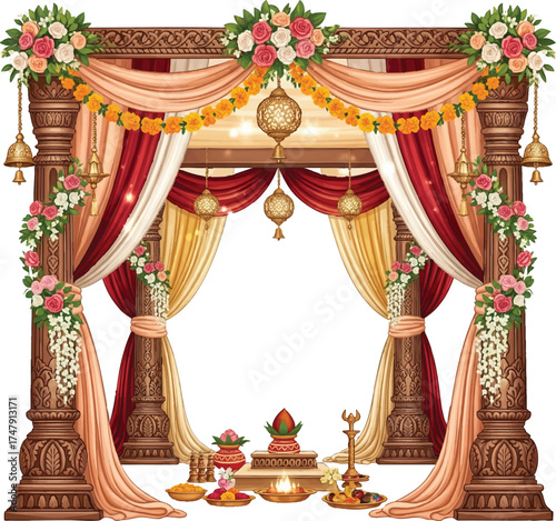 Indian Wedding Mandap with Floral Decorations vector