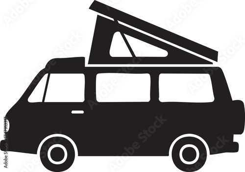 Camper Van RV Silhouettes Side View Pop Top Roof Black and White