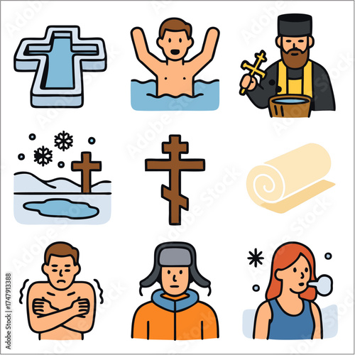 Epiphany Ice Bathing Flat Icon Set, Orthodox Ritual, Winter Tradition & Spiritual Cleansing  Minimal Vector
