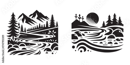 Modern Minimalist River Current Icon, Flat Silhouette of Flowing Water Vector for Nature Illustration Design