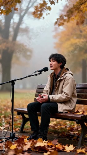 Melancholy Melody: Young Man Sings on a Park Bench in a Serene Autumn Foggy Park