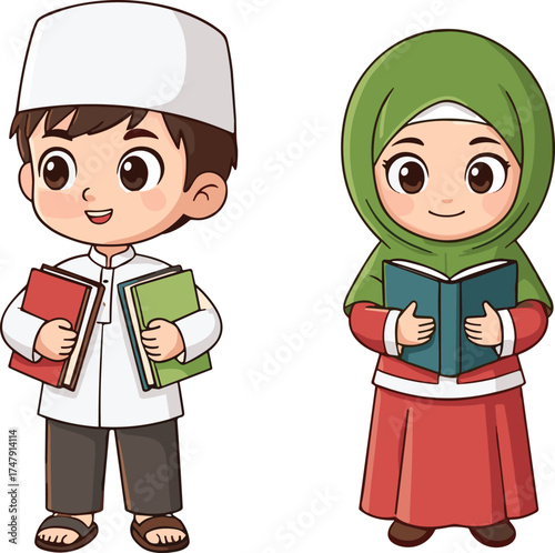 Cartoon Muslim children holding books, Islamic education theme, cultural diversity, traditional attire, learning concept, peaceful expression, school, study, knowledge