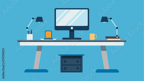 An ergonomic desk setup with a standing desk converter dual monitors a wireless keyboard mouse and an organizing tray filled with office supplies.