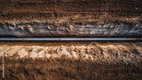 Underground utility pipe laid in trench showing layered earth and rock strata detail