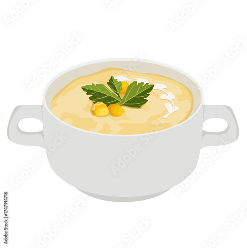 Corn Pottage Soup or Creamy Corn Soup in Pot Illustration Isolated on White Background