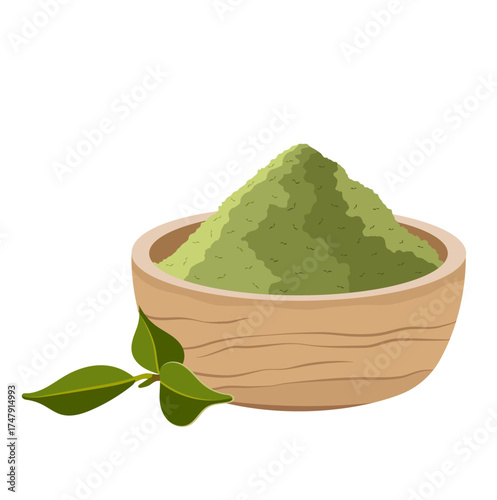 Matcha Powder in Bowl with Tea Leaves Illustration Isolated on White Background