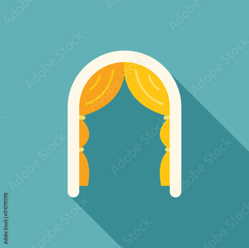 Wedding arch featuring yellow curtains and white frame, symbolizing celebration and togetherness
