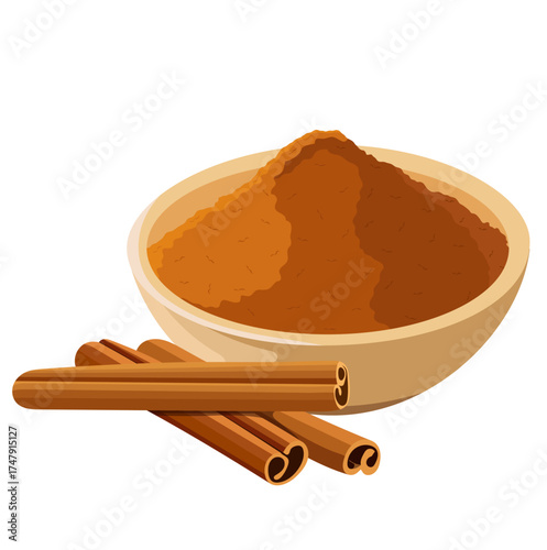 Cinnamon Powder in Bowl with Cinnamon Sticks Illustration Isolated on White Background