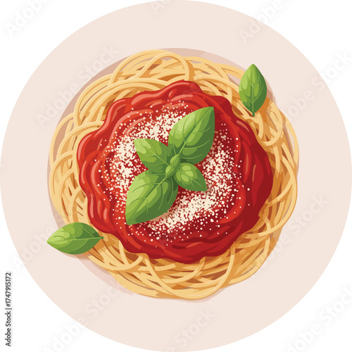 Illustration of Spaghetti with Tomato Sauce and Basil