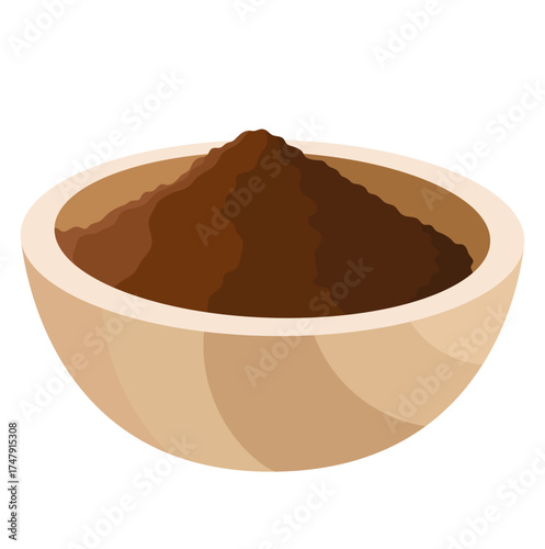 Ground Coffee in Wooden Bowl Illustration Isolated on White Background