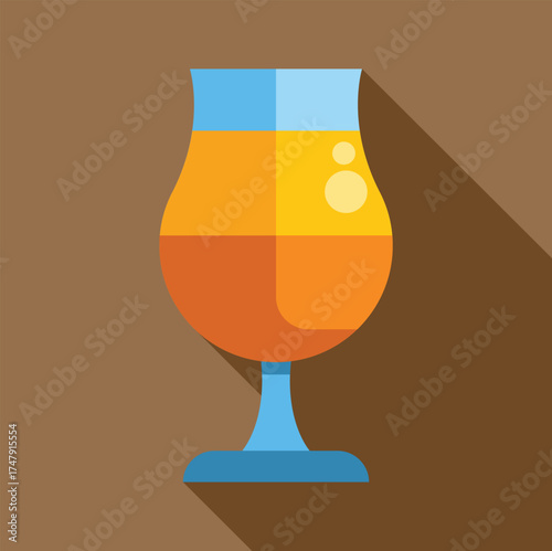 Refreshing beer in a stemmed glass, simple flat design with long shadow on brown background