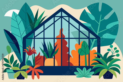 Illustration of greenhouse with various plants inside