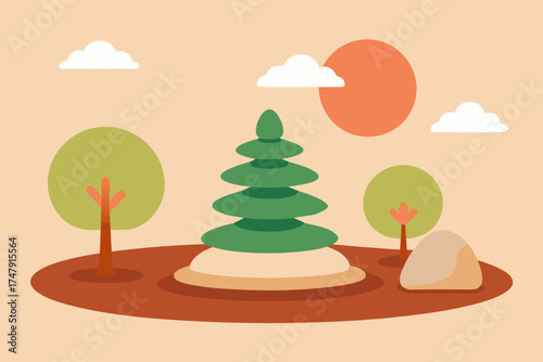 Illustration of a forest with a tree and sun scene