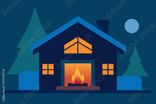 Cozy cabin scene with fireplace and moonlit night