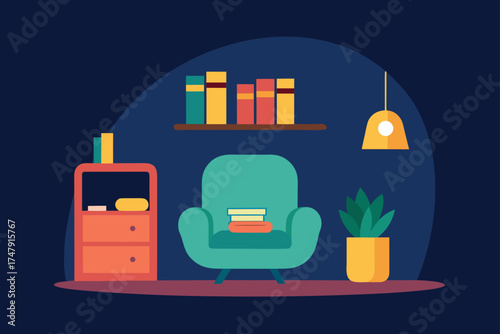 Illustration of a cozy room with chair and books