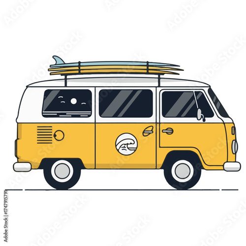 Retro Camper Van with Surfboards on Roof Rack Illustration