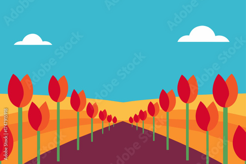 Tulips field with clouds and blue sky illustration