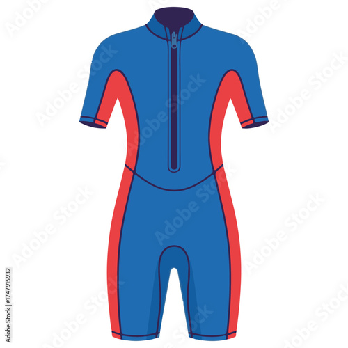 Blue and Red Short-Sleeve Shorty Wetsuit for Watersports