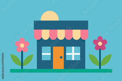 Illustration of a shop with flowers and sun behind