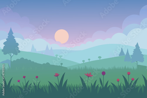 Landscape view of hills trees and flowers at sunset