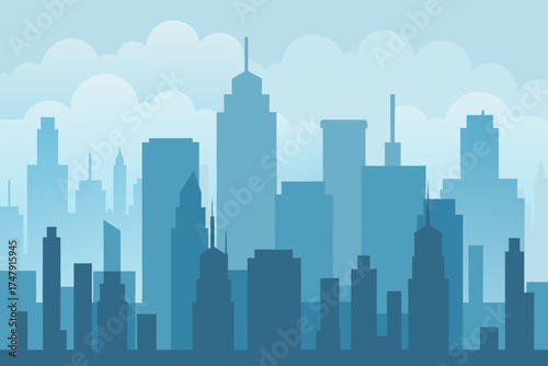 Silhouette of a city skyline with blue buildings