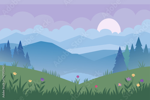 Landscape view of mountains trees and flower field