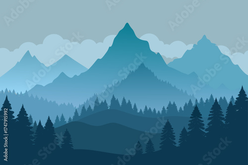 Layered mountain range with pine trees and soft clouds