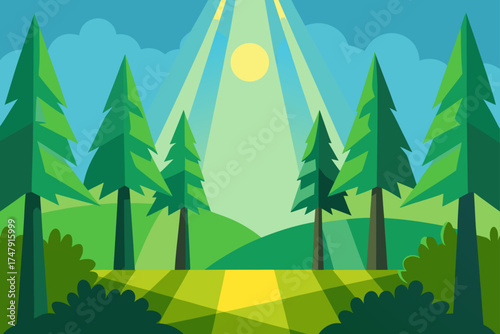 Illustration of a forest with trees and sunlight